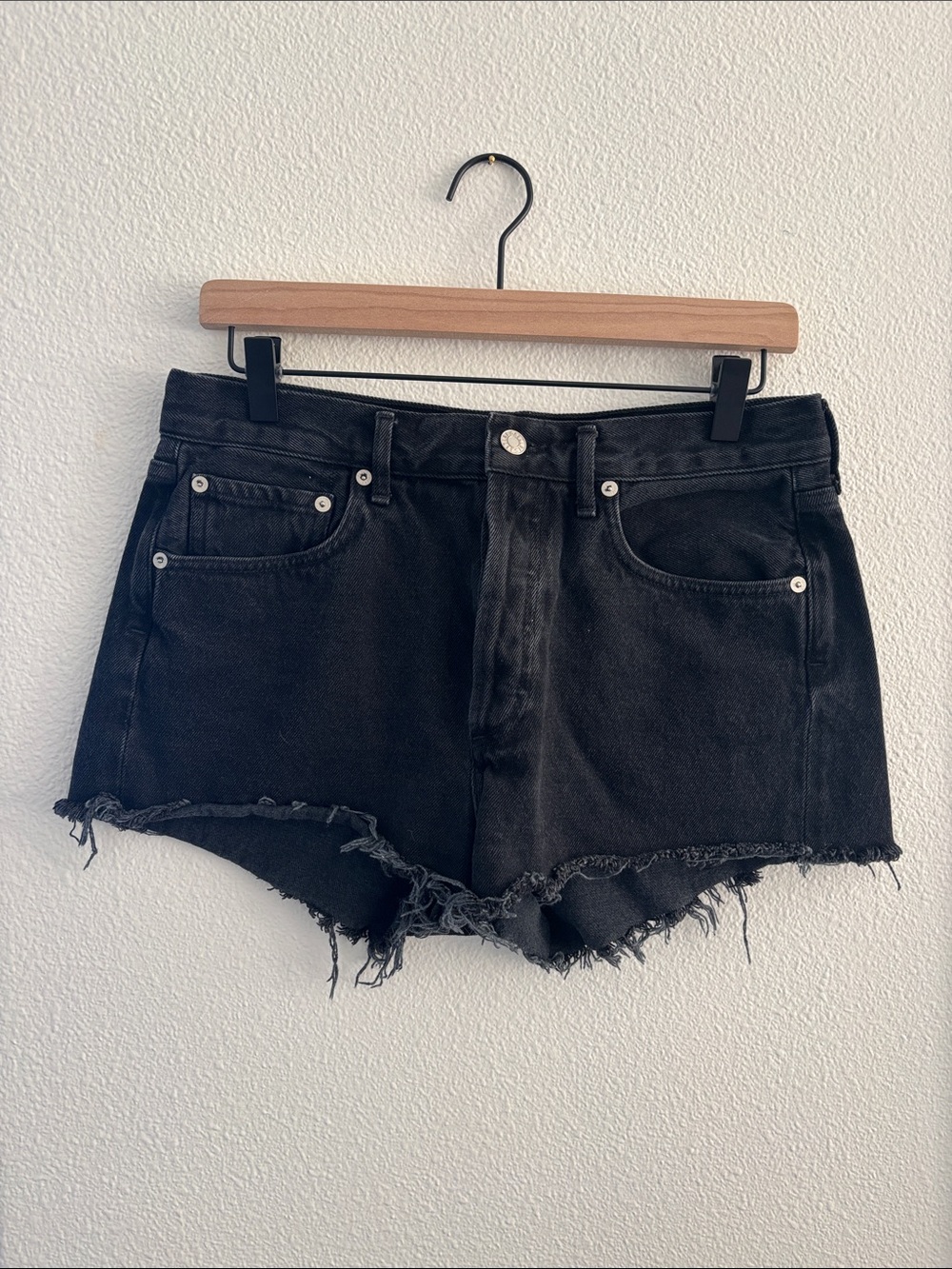 Agolde Black Frayed Hem Denim Shorts